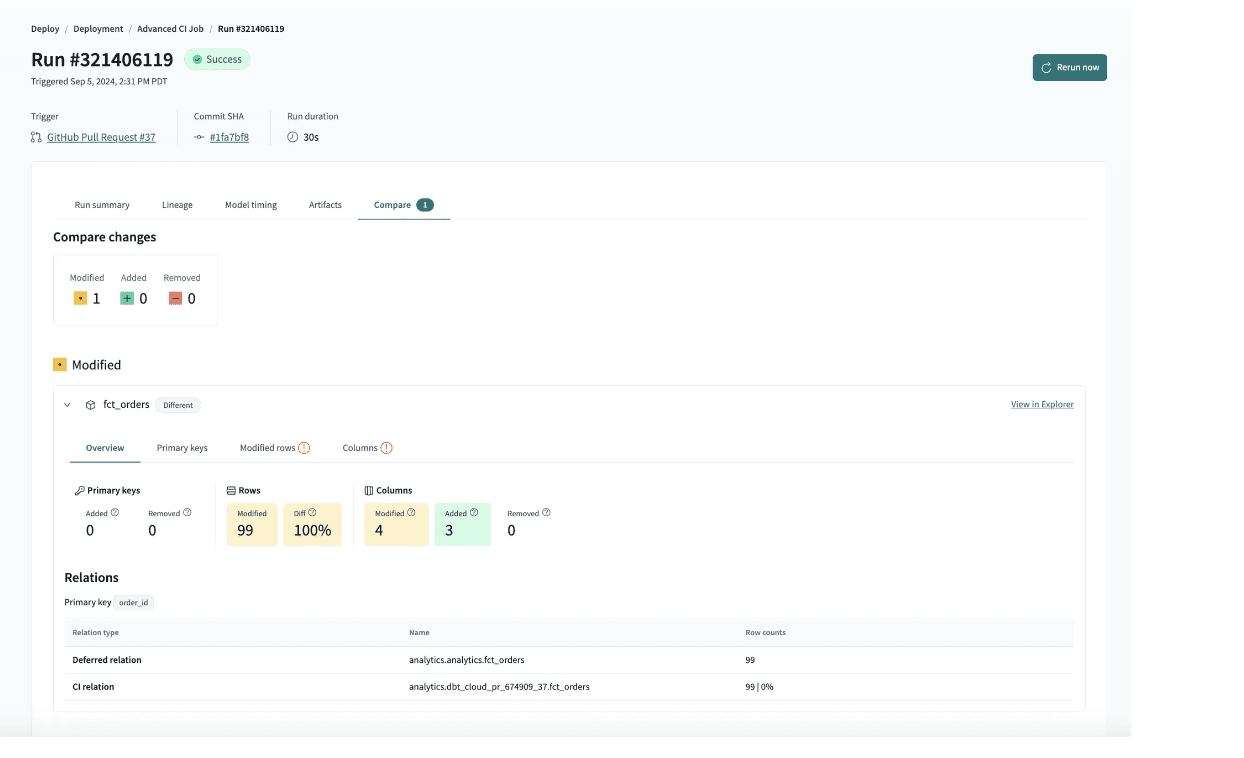 Advanced CI compare changes feature in dbt Cloud