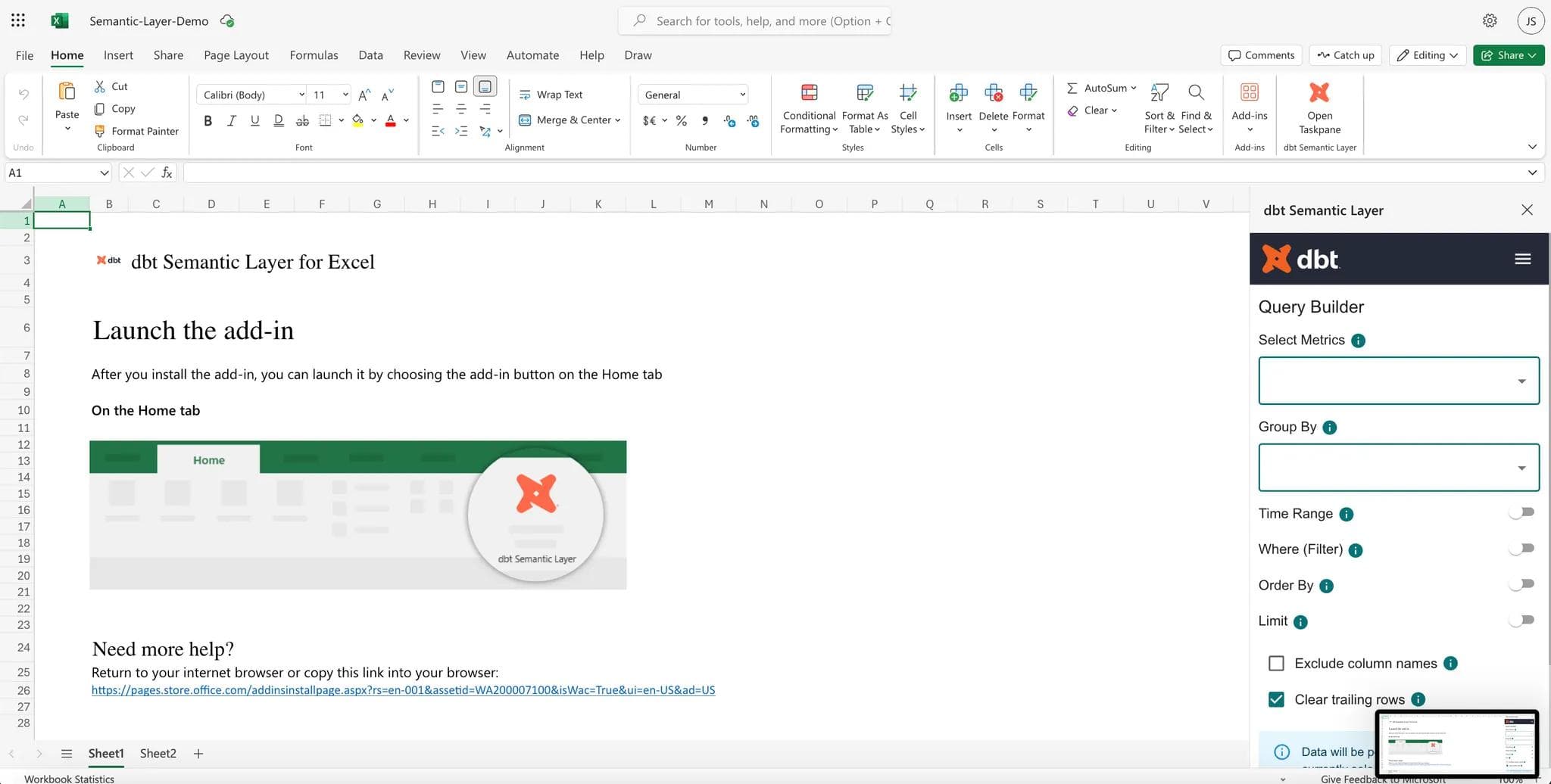 Screenshot of the dbt Semantic Layer integration with Microsoft Excel