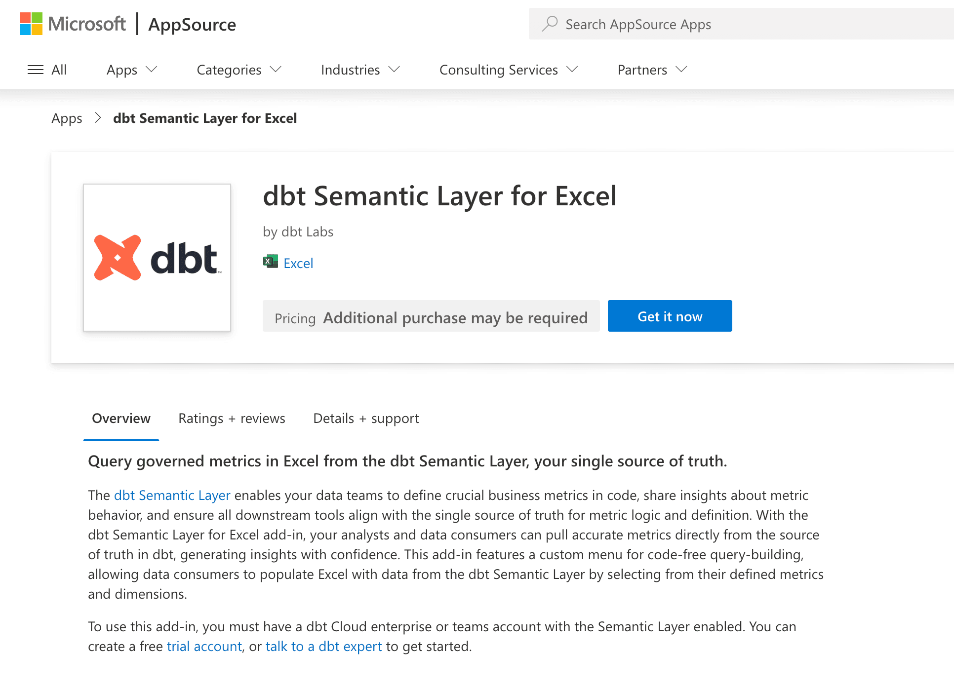 Find dbt Semantic Layer for Excel in the Microsoft Marketplace.