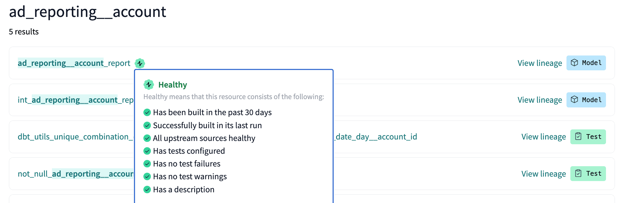 Get at-a-glance health signals(freshness, test coverage, and more) for your dbt resources directly in-app