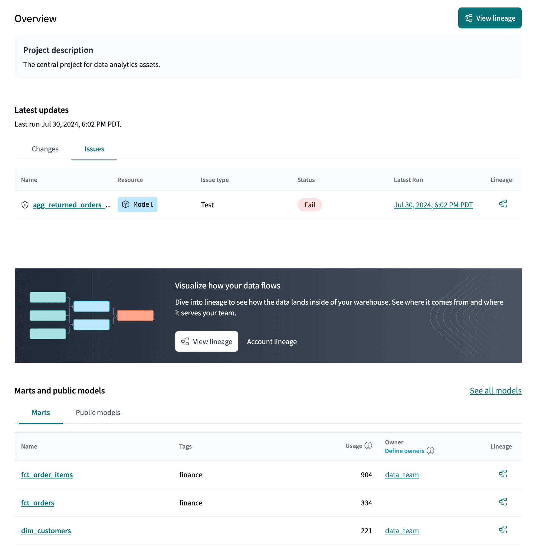 Updated landing page for dbt Explorer in dbt Cloud.